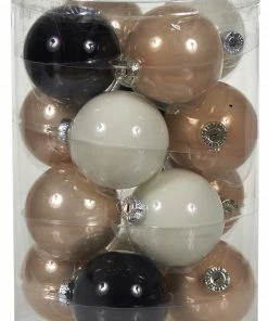 Χριστουγεννιάτικες Μπάλες Γυάλινες Σετ 16 Τεμαχίων Μαύρο – Σαμπανί – Λευκό 8 Εκ. (GLB-8016/GBLACK)