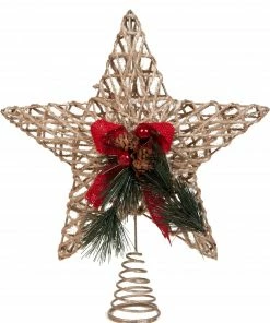Χριστουγεννιατικο Στολιδι Κορυφη Δεντρου Χρυση Με Αστερι Και Κοκκινο Φιογκο 32Εκατοστα (5641)